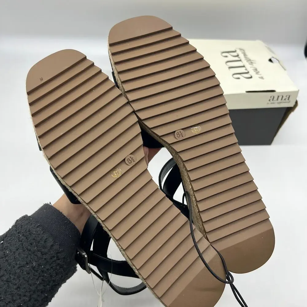 a.n.a Womens Eloise Wedge Sandals Black Casual Shoes Size 8.5M